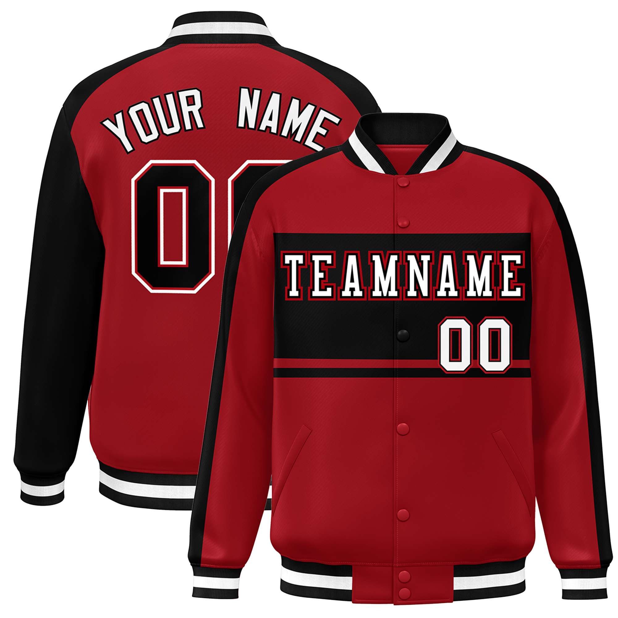 Custom Red Black-White Color Block Bomber Varsity Baseball Jacket