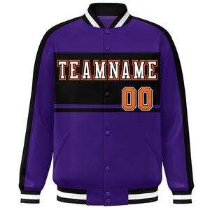 Custom Purple Black-White Color Block Bomber Varsity Baseball Jacket