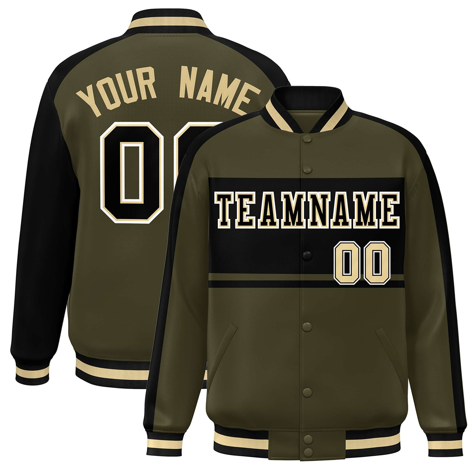 Custom Olive Black-White Color Block Bomber Varsity Baseball Jacket