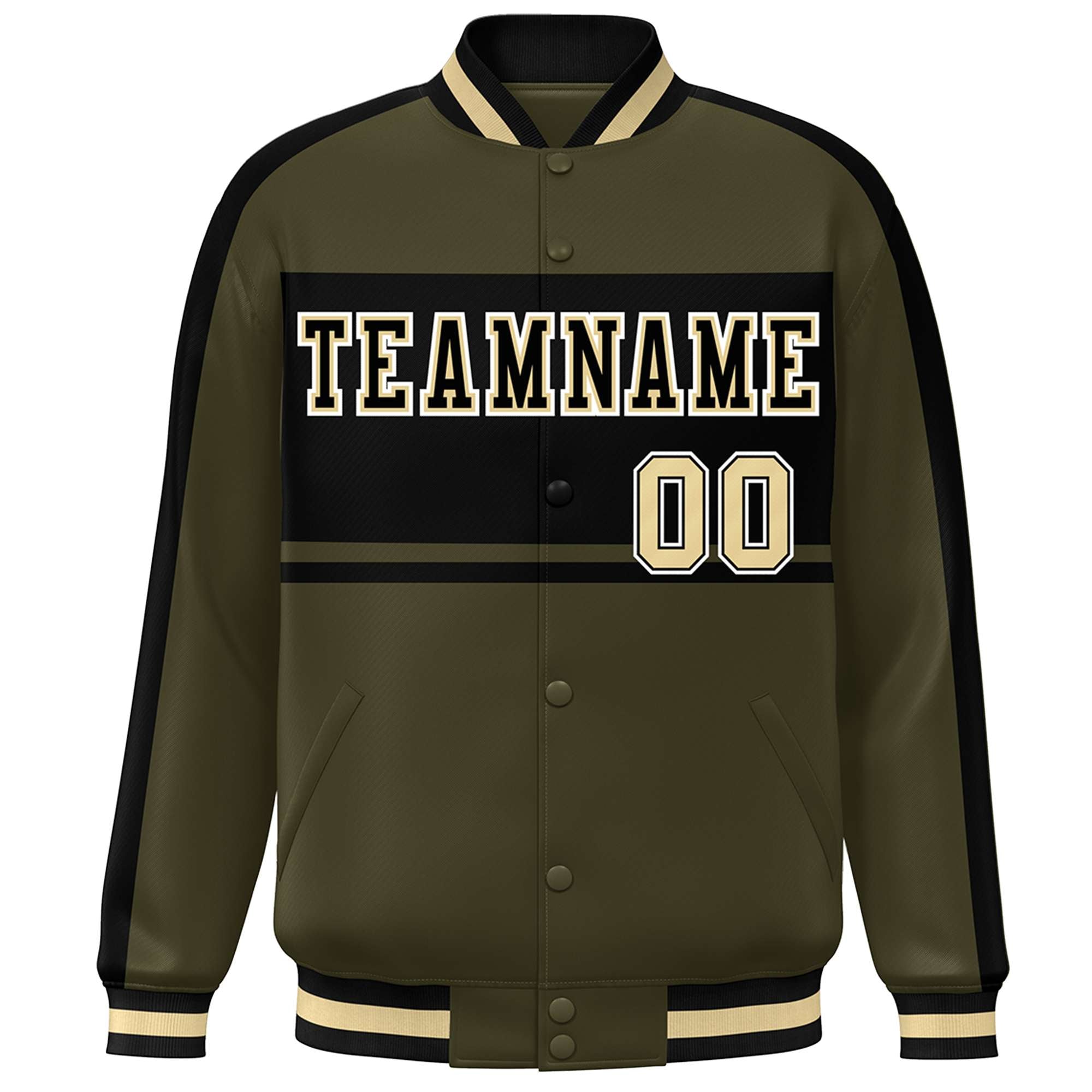 Custom Olive Black-White Color Block Bomber Varsity Baseball Jacket