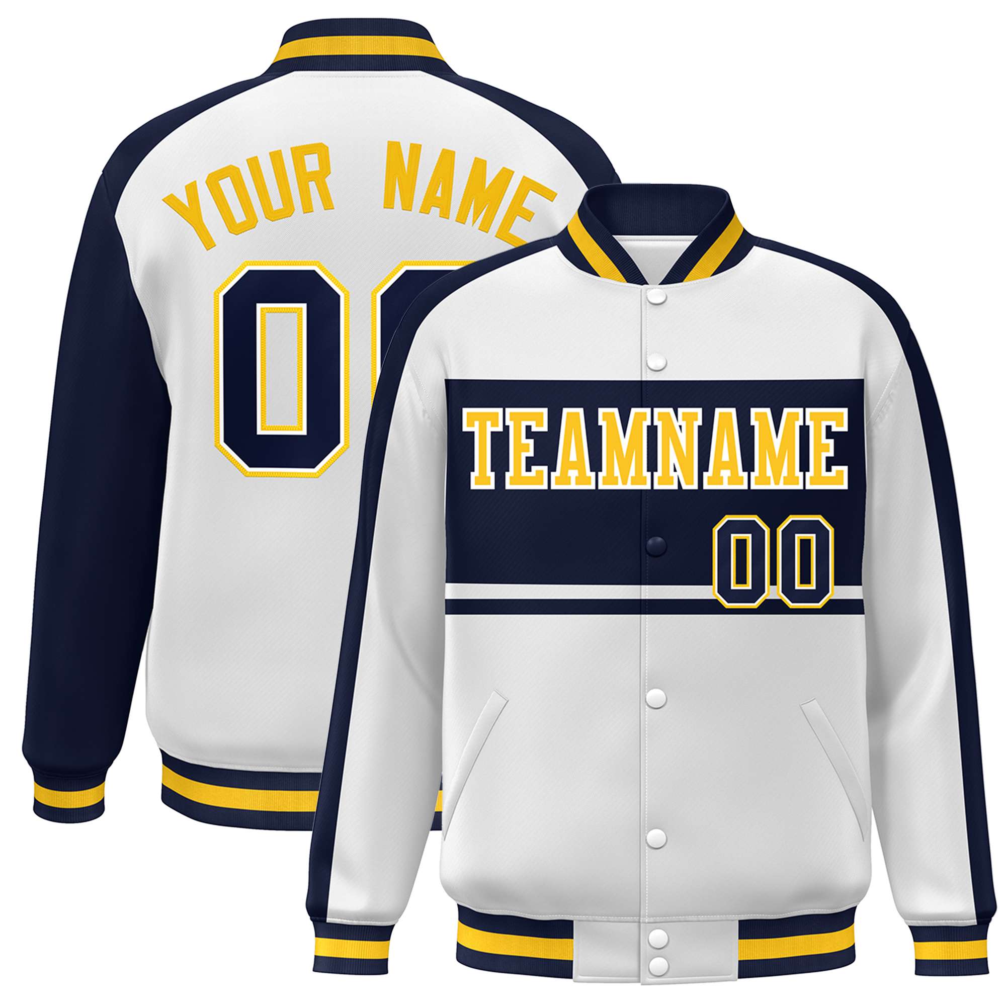 Custom White Navy-Gold Color Block Bomber Varsity Baseball Jacket