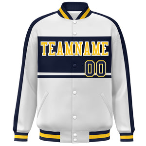 Custom White Navy-Gold Color Block Bomber Varsity Baseball Jacket