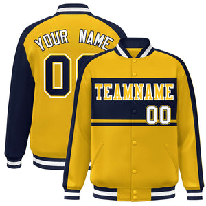 Custom Gold Navy-White Color Block Bomber Varsity Baseball Jacket