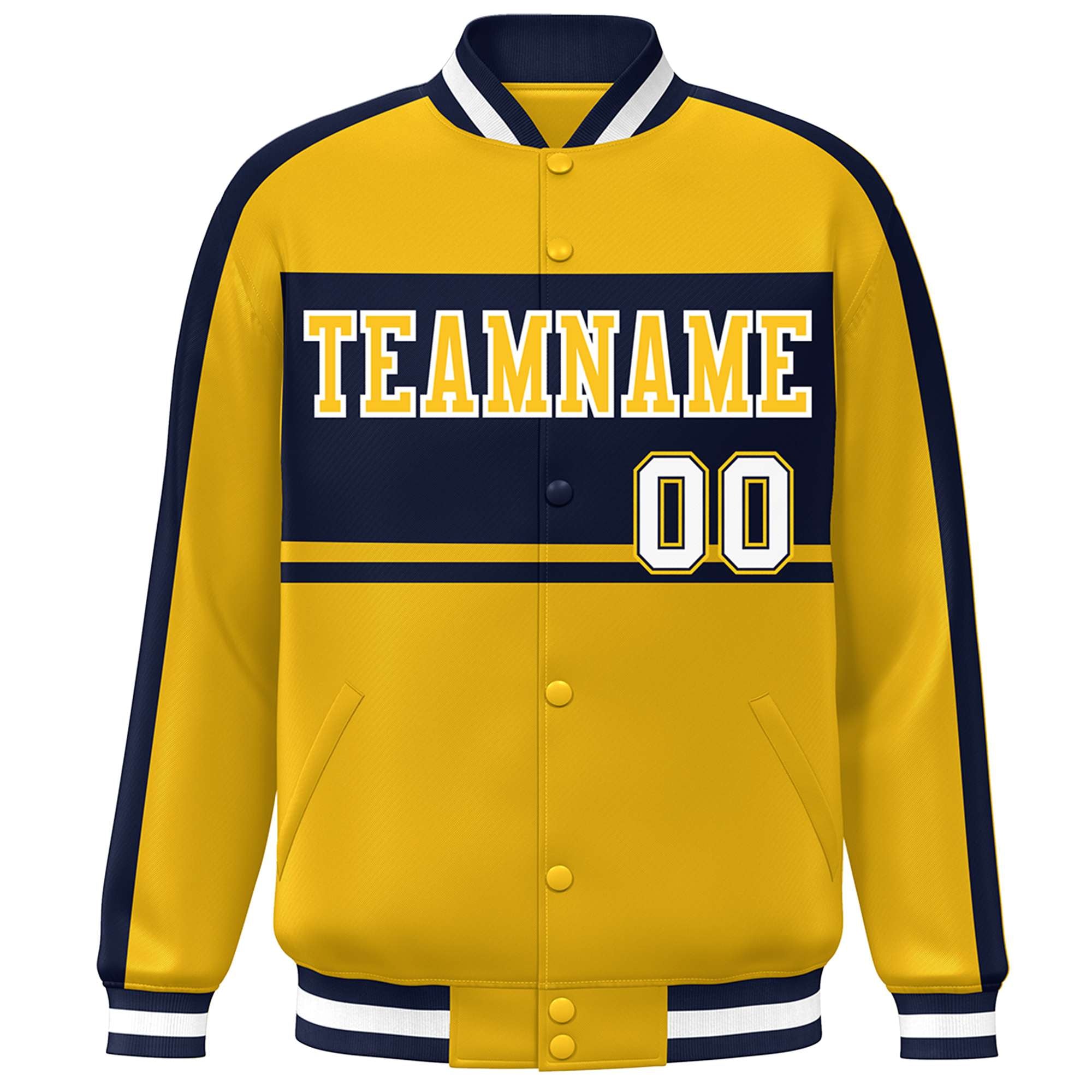 Custom Gold Navy-White Color Block Bomber Varsity Baseball Jacket