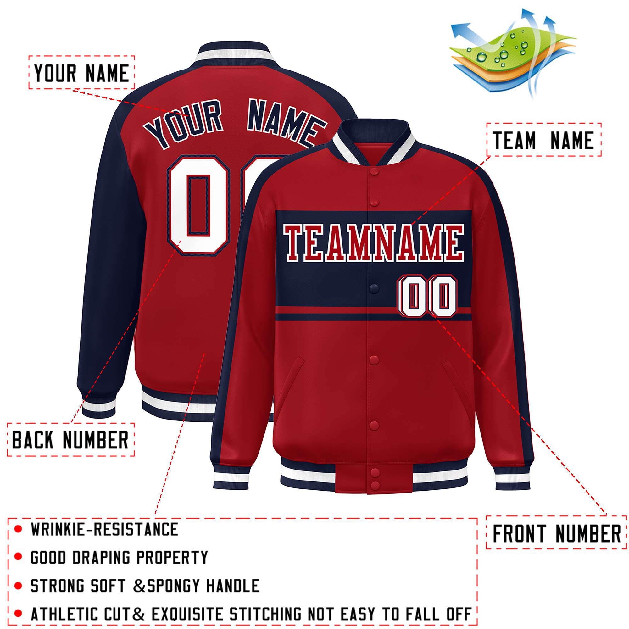 Custom Red Navy-White Color Block Bomber Varsity Baseball Jacket