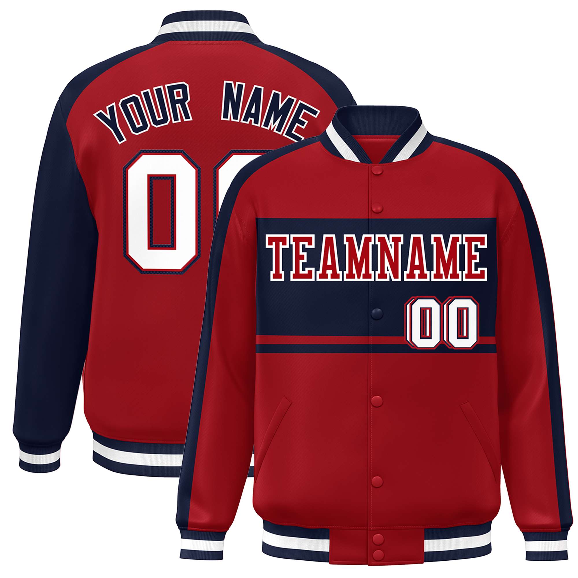 Custom Red Navy-White Color Block Bomber Varsity Baseball Jacket