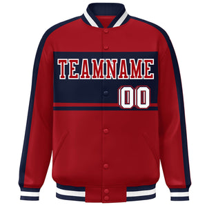 Custom Red Navy-White Color Block Bomber Varsity Baseball Jacket