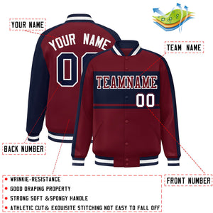 Custom Crimson Navy-White Color Block Bomber Varsity Baseball Jacket