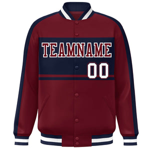 Custom Crimson Navy-White Color Block Bomber Varsity Baseball Jacket