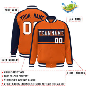 Custom Orange Navy-White Color Block Bomber Varsity Baseball Jacket