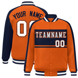 Custom Orange Navy-White Color Block Bomber Varsity Baseball Jacket