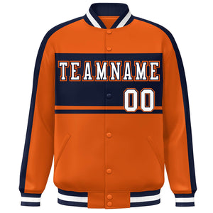 Custom Orange Navy-White Color Block Bomber Varsity Baseball Jacket