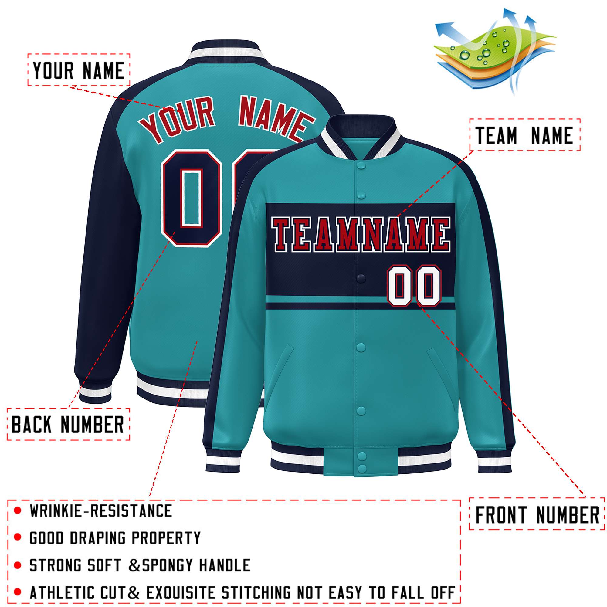 Custom Aqua Navy-Red Color Block Bomber Varsity Baseball Jacket