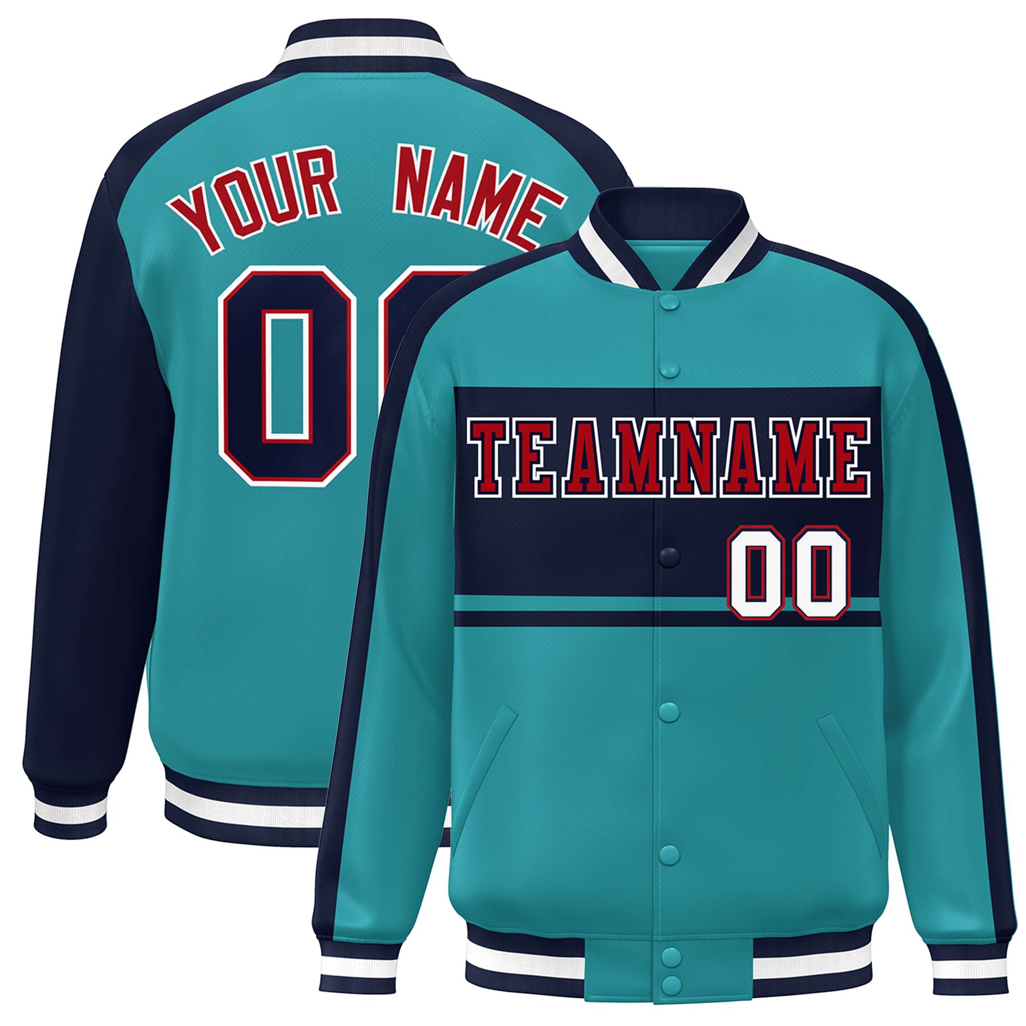 Custom Aqua Navy-Red Color Block Bomber Varsity Baseball Jacket