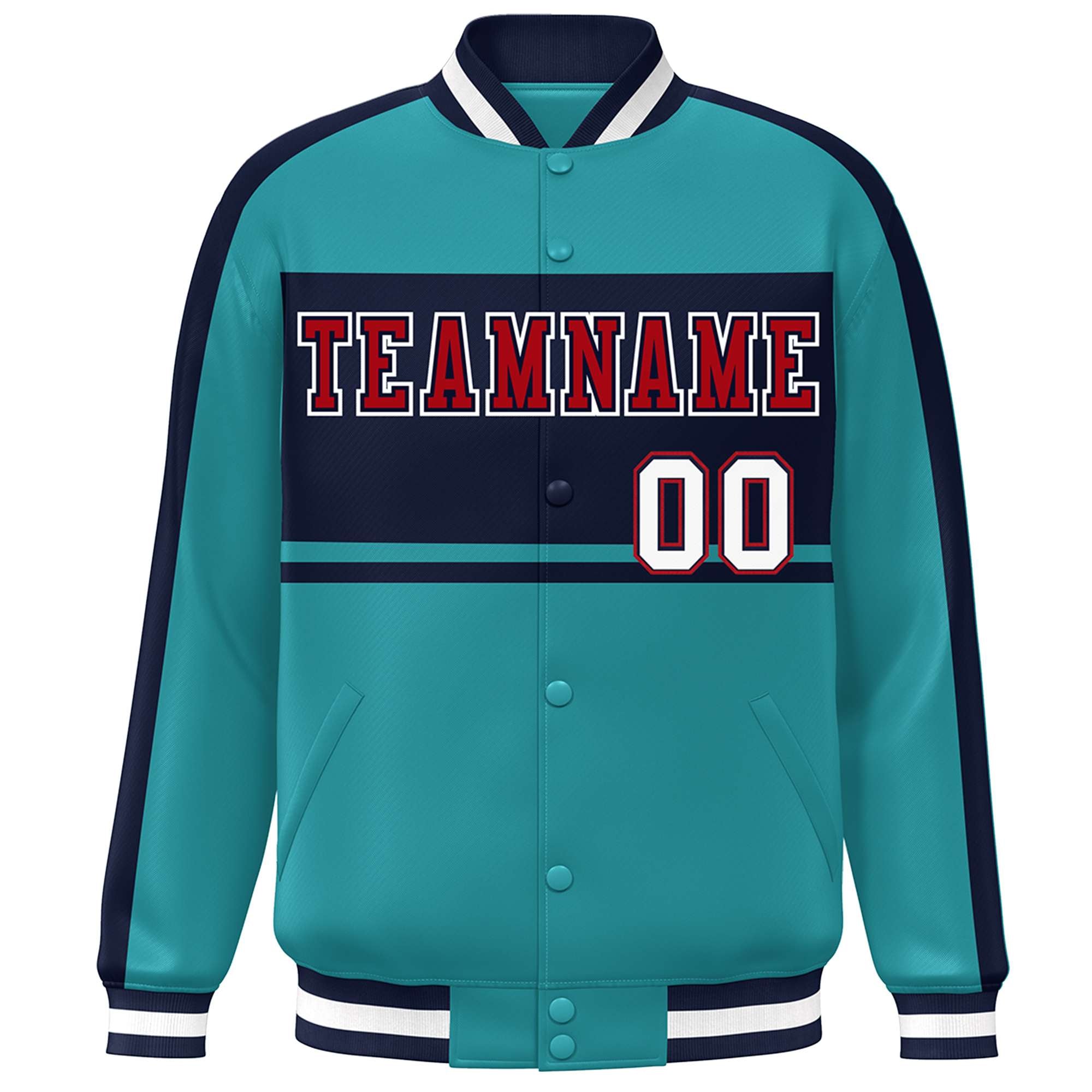 Custom Aqua Navy-Red Color Block Bomber Varsity Baseball Jacket