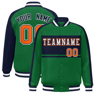 Custom Green Navy-White Color Block Bomber Varsity Baseball Jacket