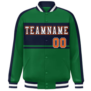 Custom Green Navy-White Color Block Bomber Varsity Baseball Jacket