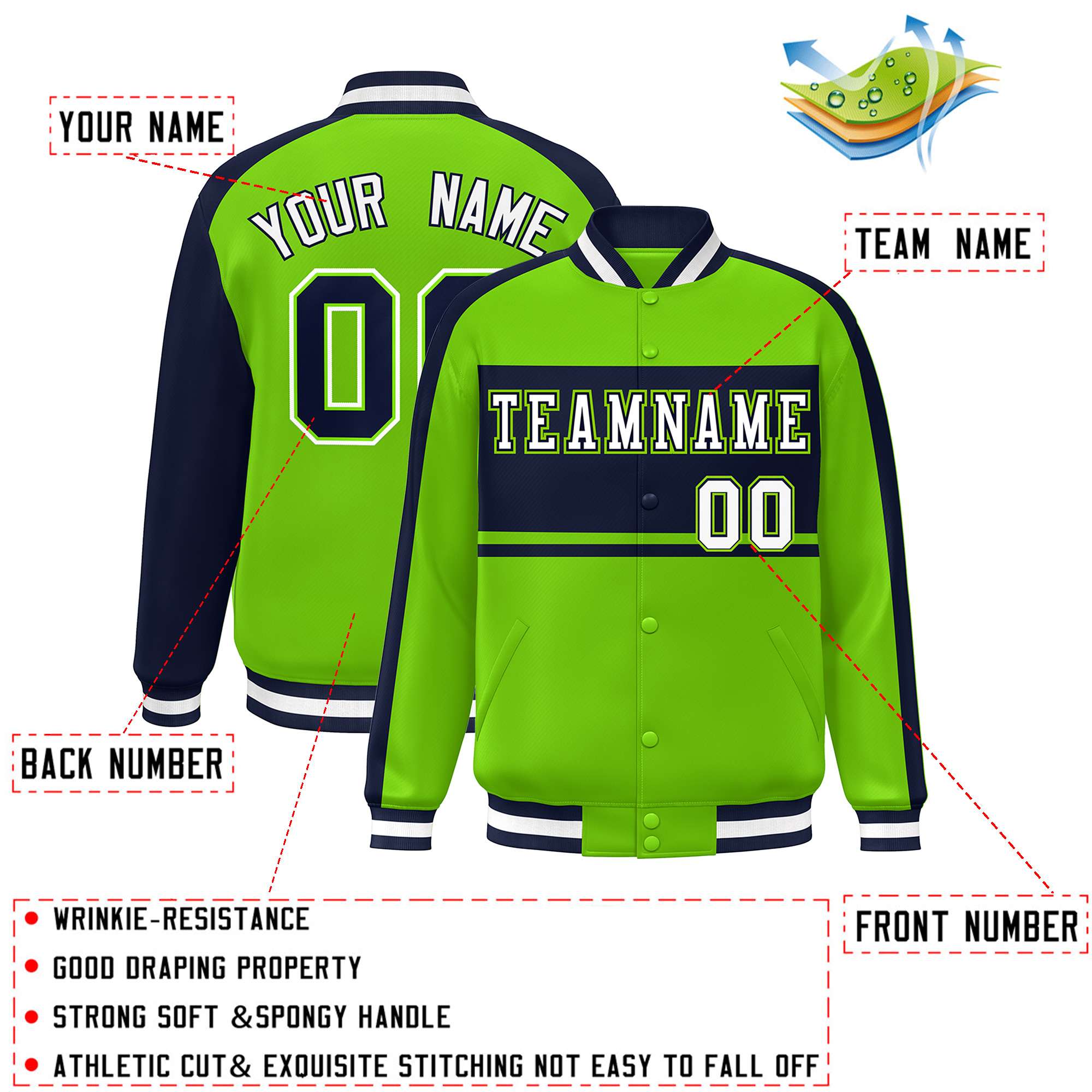 Custom Neon Green Navy-White Color Block Bomber Varsity Baseball Jacket