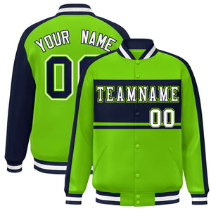 Custom Neon Green Navy-White Color Block Bomber Varsity Baseball Jacket