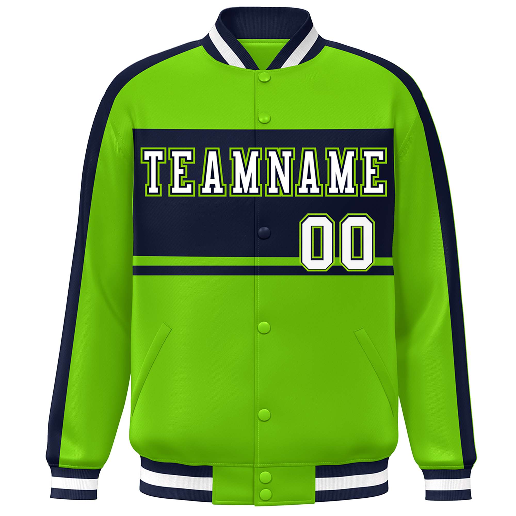 Custom Neon Green Navy-White Color Block Bomber Varsity Baseball Jacket