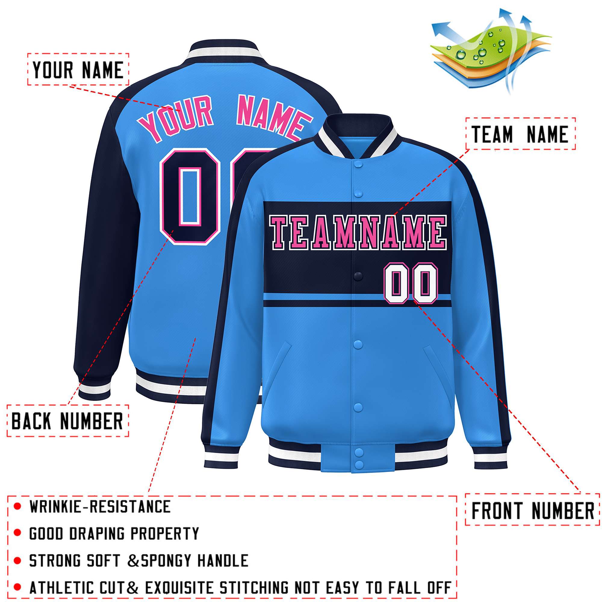 Custom Powder Blue Navy-Pink Color Block Bomber Varsity Baseball Jacket