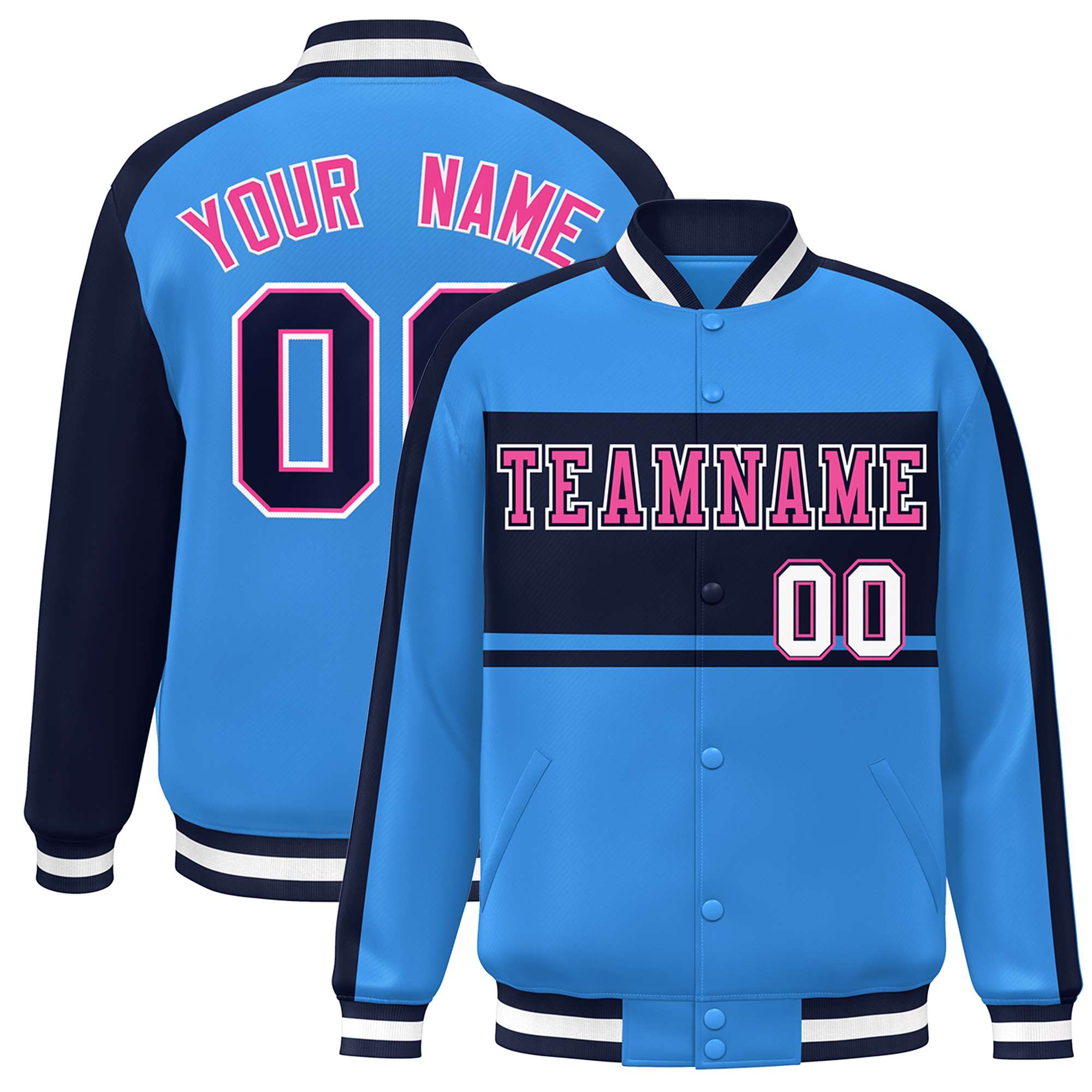 Custom Powder Blue Navy-Pink Color Block Bomber Varsity Baseball Jacket