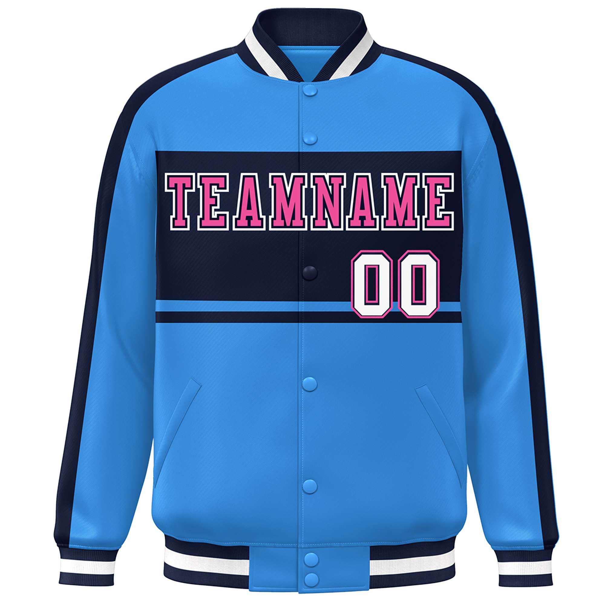 Custom Powder Blue Navy-Pink Color Block Bomber Varsity Baseball Jacket