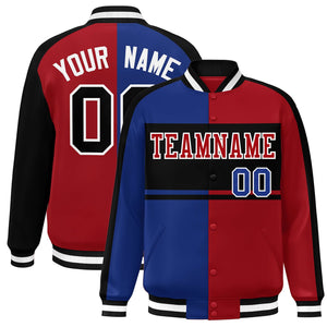 Custom Royal Red-Black Color Block Bomber Varsity Baseball Jacket