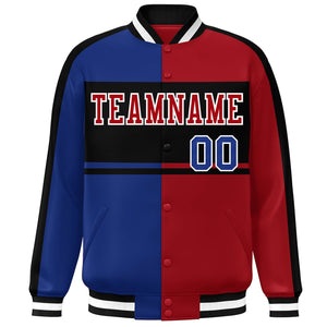 Custom Royal Red-Black Color Block Bomber Varsity Baseball Jacket