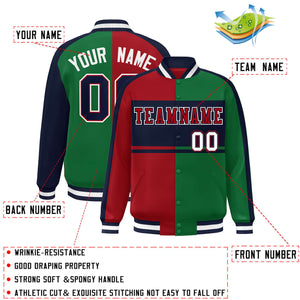 Custom Red Green-Navy Color Block Bomber Varsity Baseball Jacket