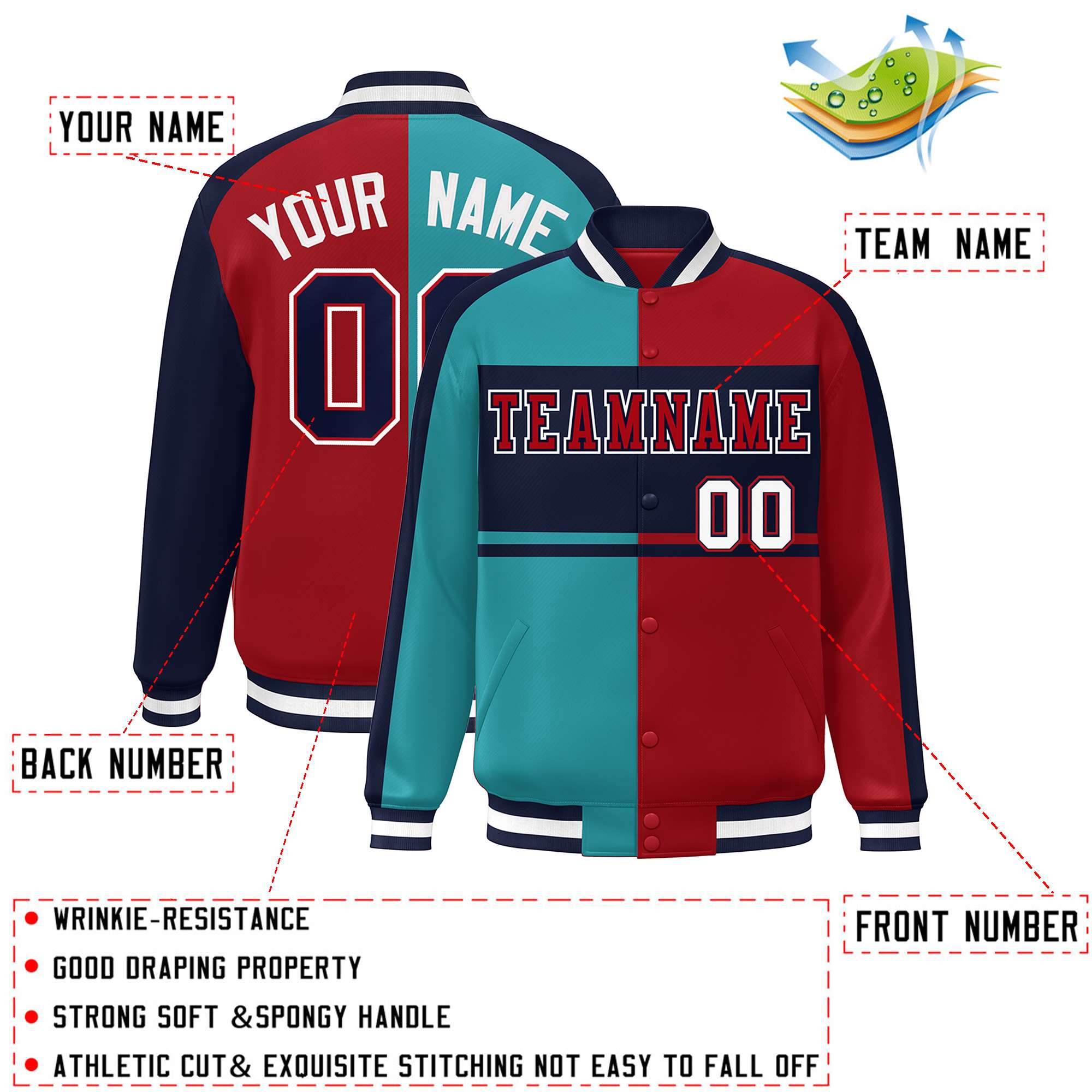 Custom Aqua Red-Navy Color Block Bomber Varsity Baseball Jacket