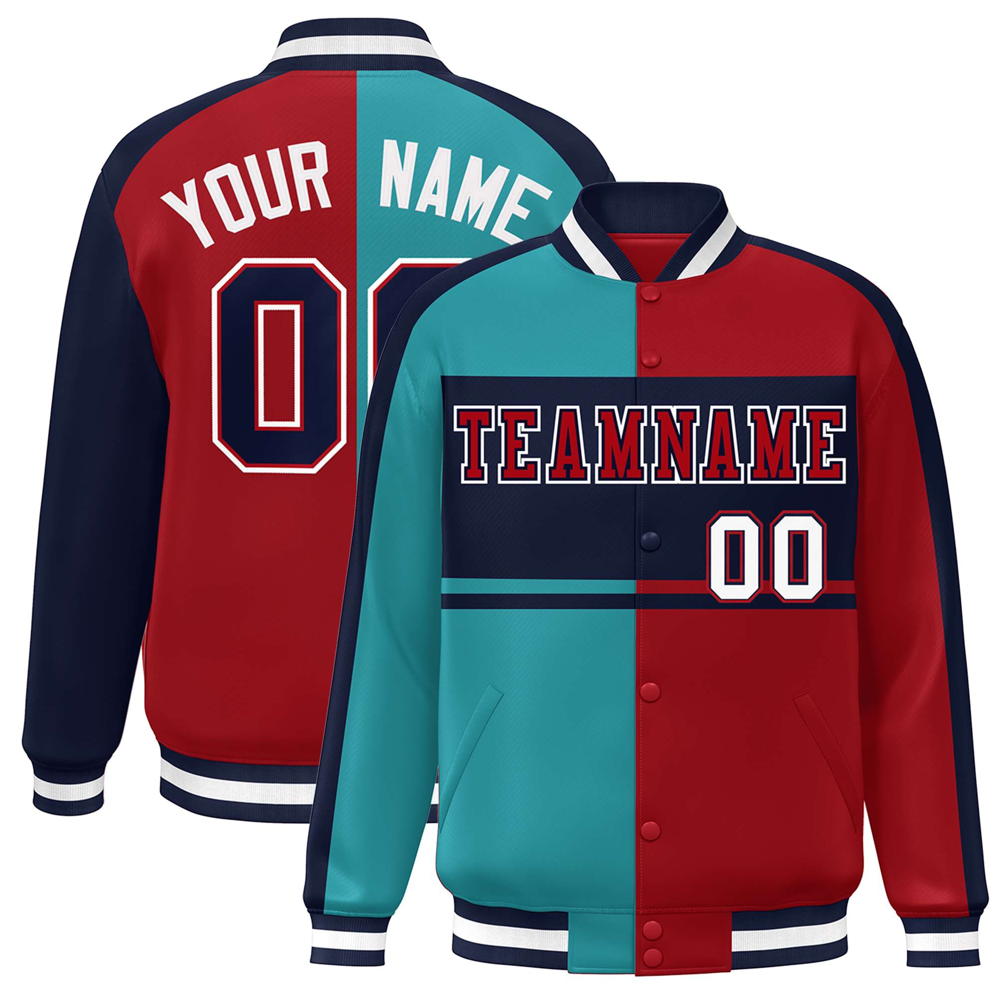 Custom Aqua Red-Navy Color Block Bomber Varsity Baseball Jacket