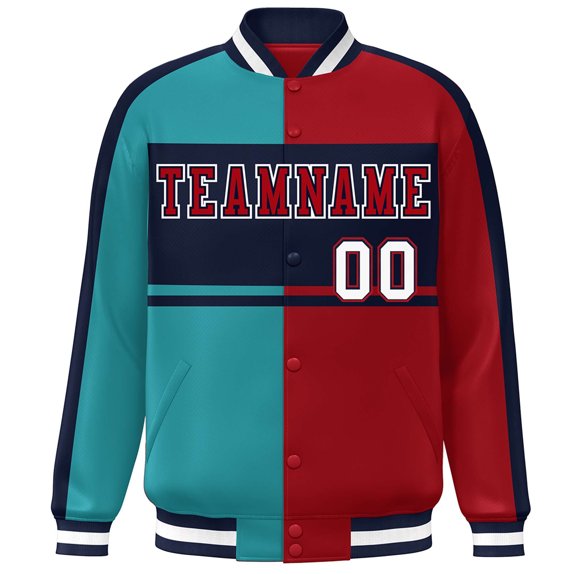 Custom Aqua Red-Navy Color Block Bomber Varsity Baseball Jacket