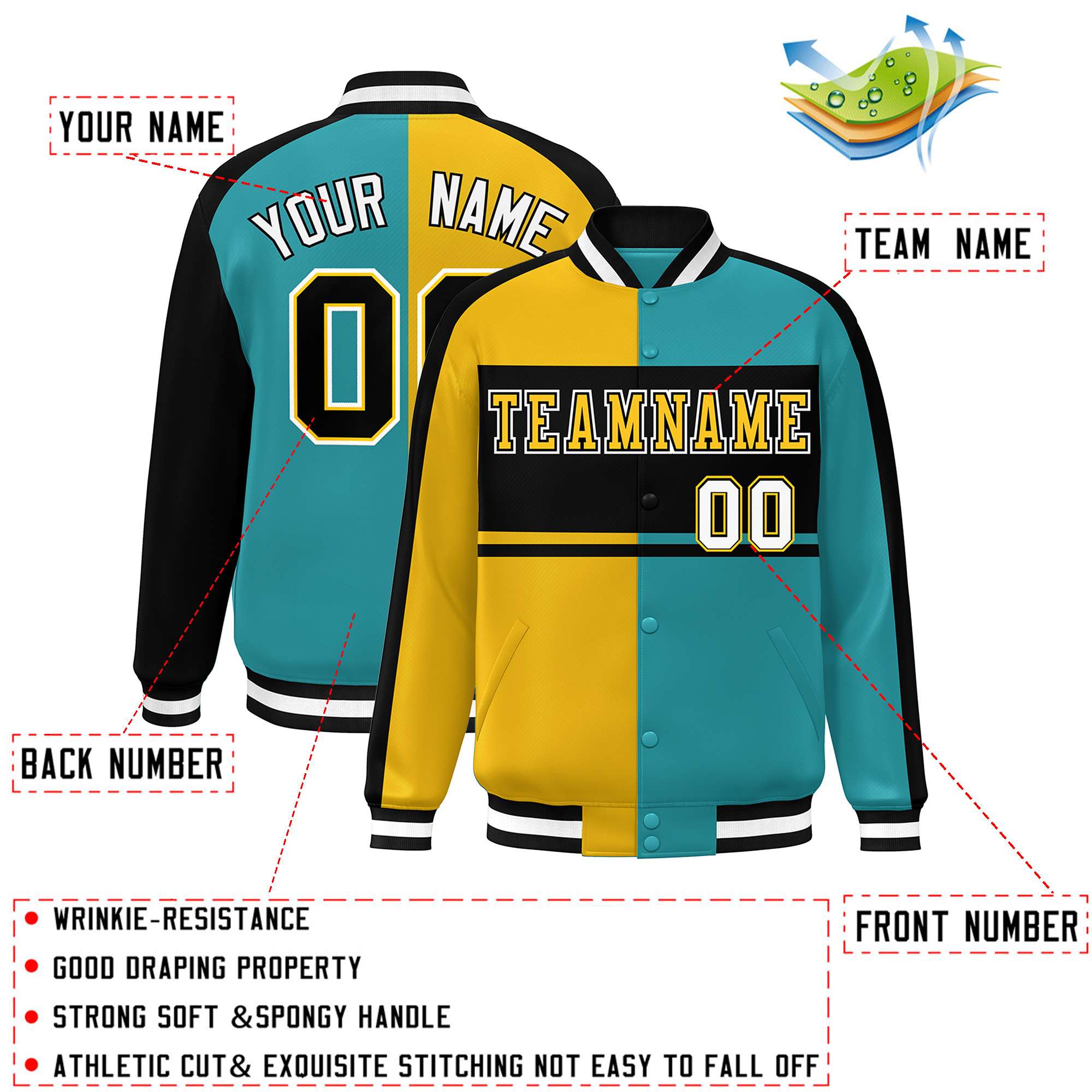 Custom Gold Aqua-Black Color Block Bomber Varsity Baseball Jacket