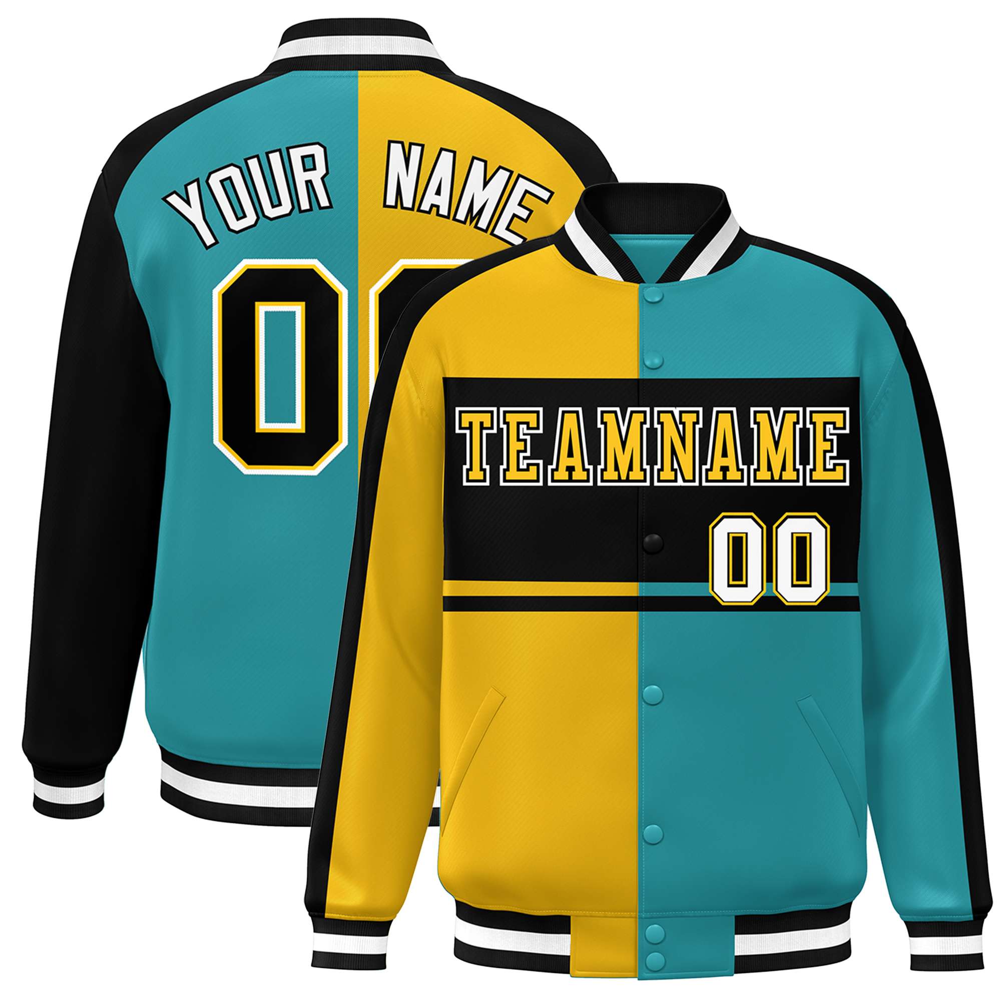 Custom Gold Aqua-Black Color Block Bomber Varsity Baseball Jacket