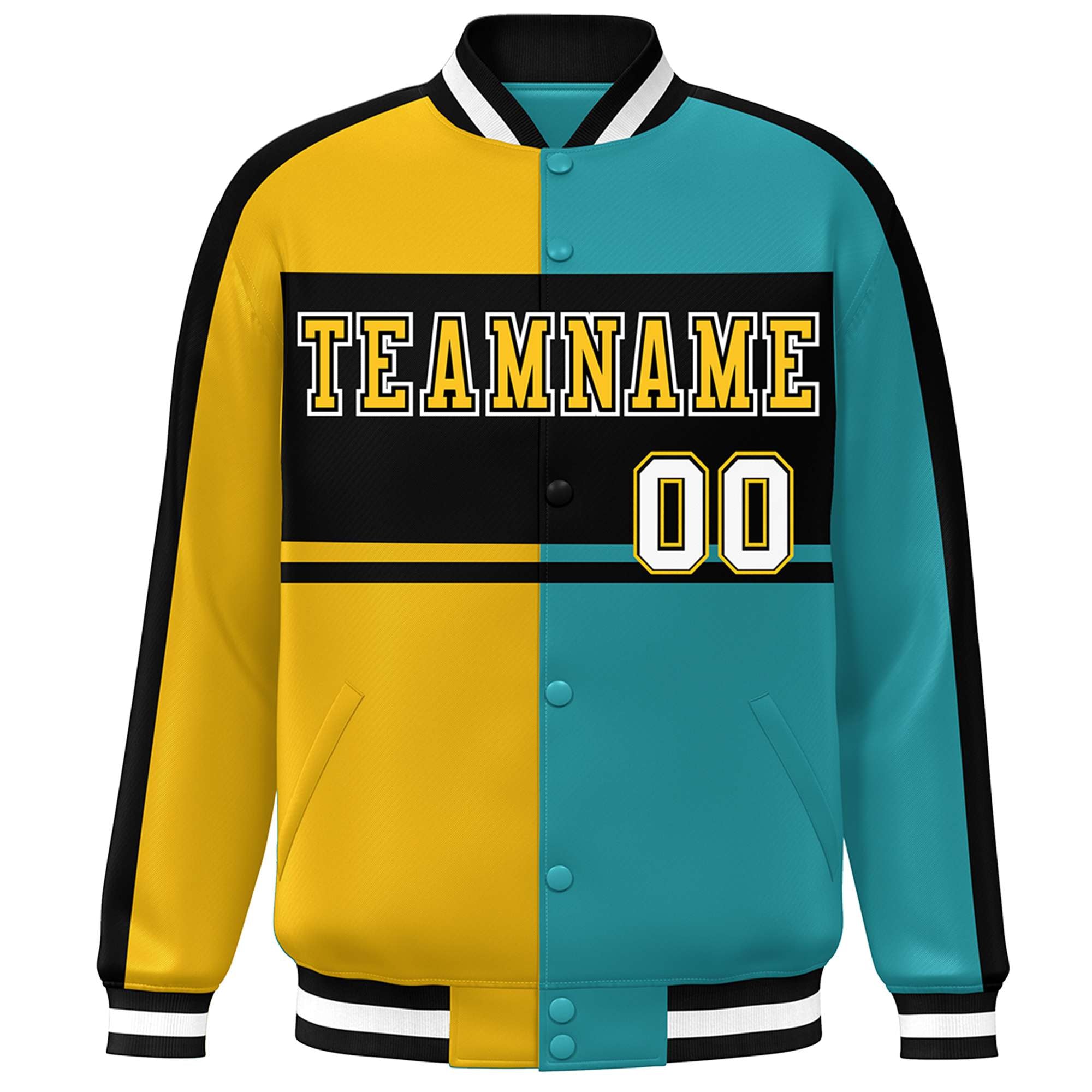 Custom Gold Aqua-Black Color Block Bomber Varsity Baseball Jacket