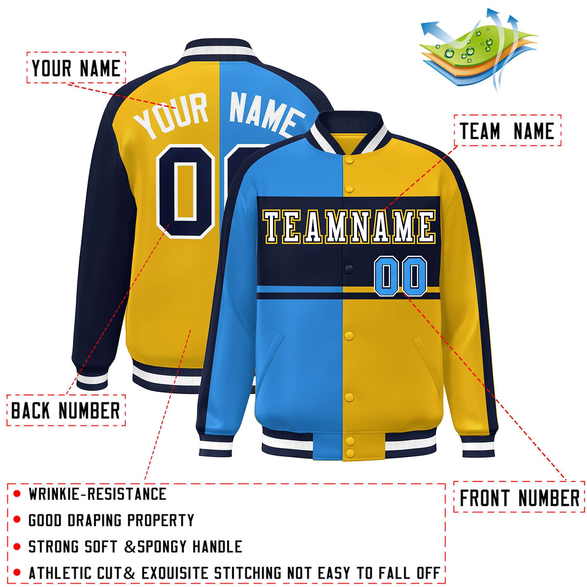 Custom Powder Blue Gold Navy-White Color Block Bomber Varsity Baseball Jacket