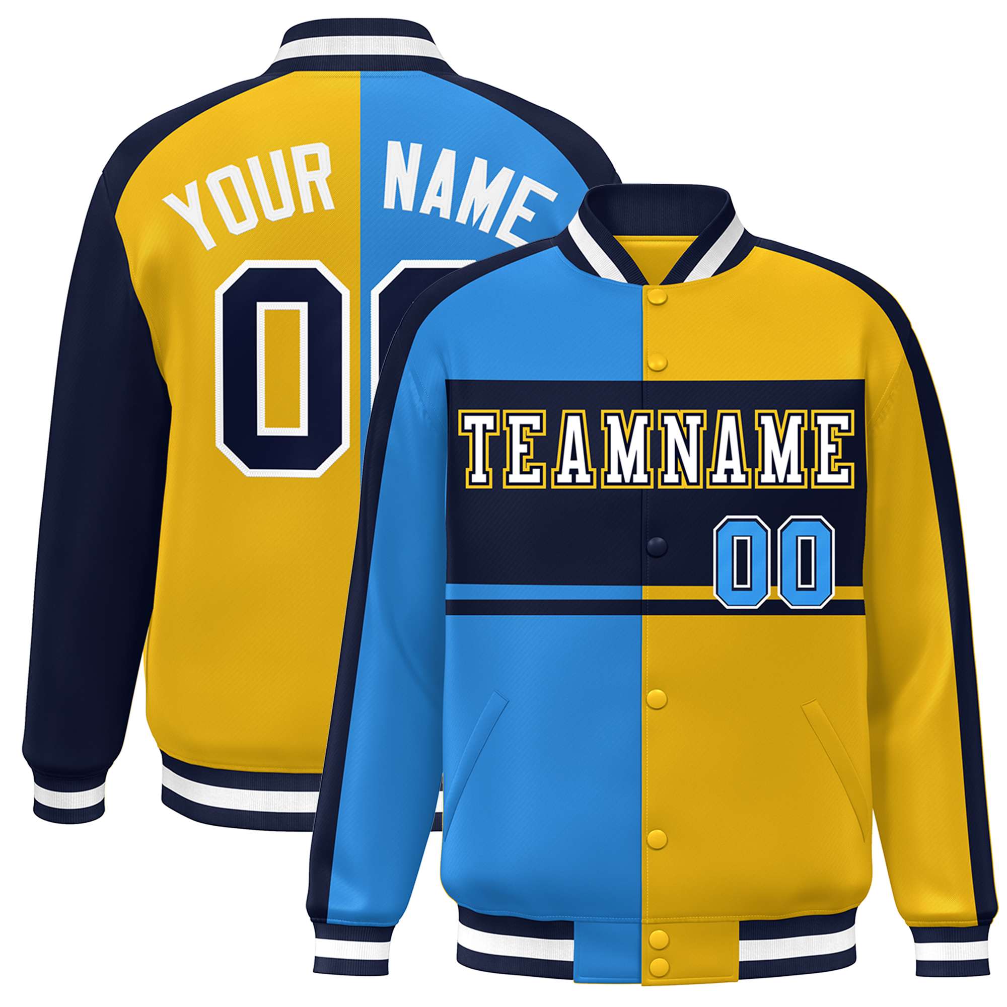 Custom Powder Blue Gold Navy-White Color Block Bomber Varsity Baseball Jacket