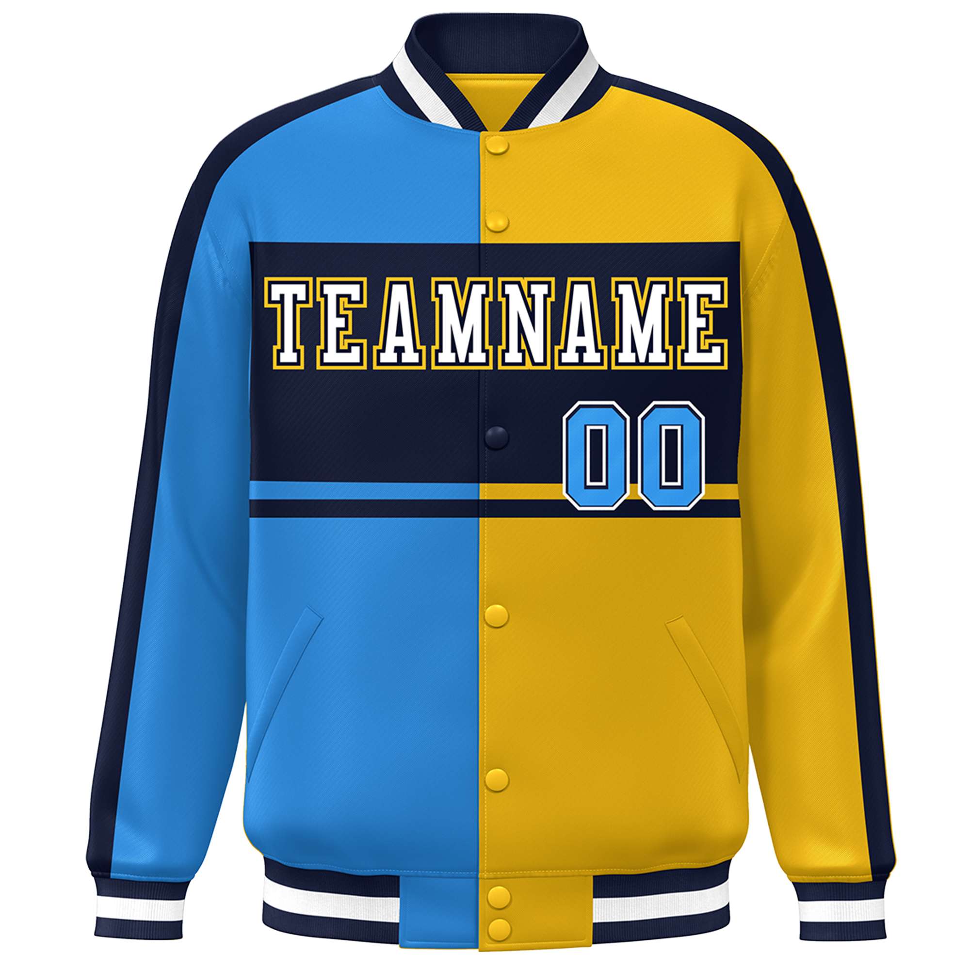 Custom Powder Blue Gold Navy-White Color Block Bomber Varsity Baseball Jacket