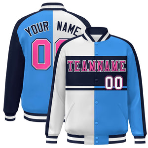 Custom White Powder Blue Navy-Pink Color Block Bomber Varsity Baseball Jacket