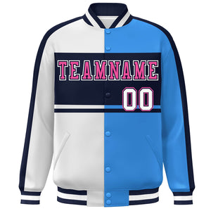 Custom White Powder Blue Navy-Pink Color Block Bomber Varsity Baseball Jacket