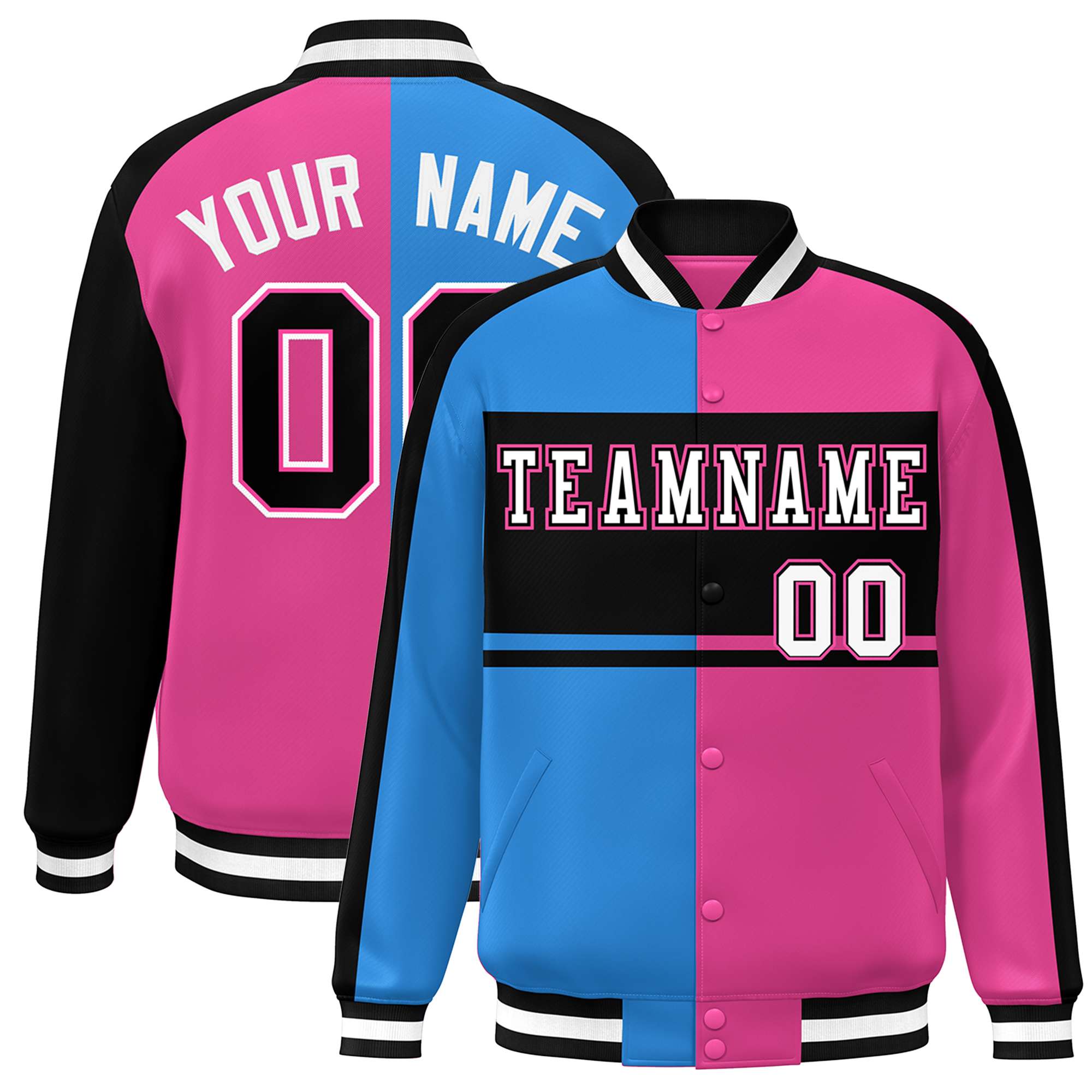 Custom Powder Blue Pink Black-White Color Block Bomber Varsity Baseball Jacket