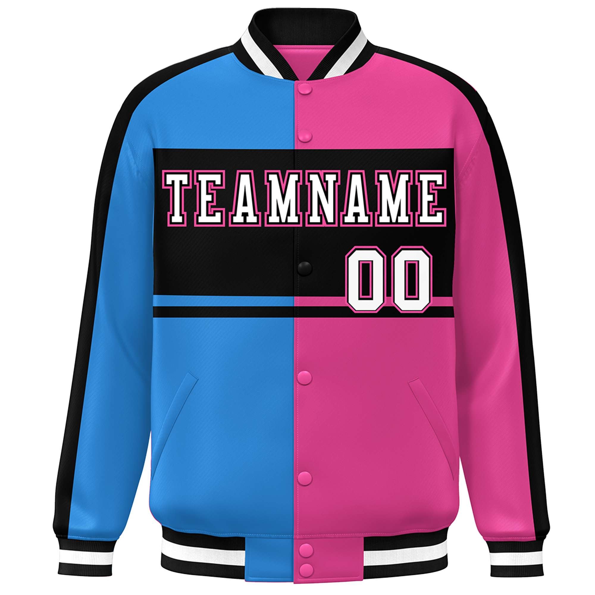 Custom Powder Blue Pink Black-White Color Block Bomber Varsity Baseball Jacket