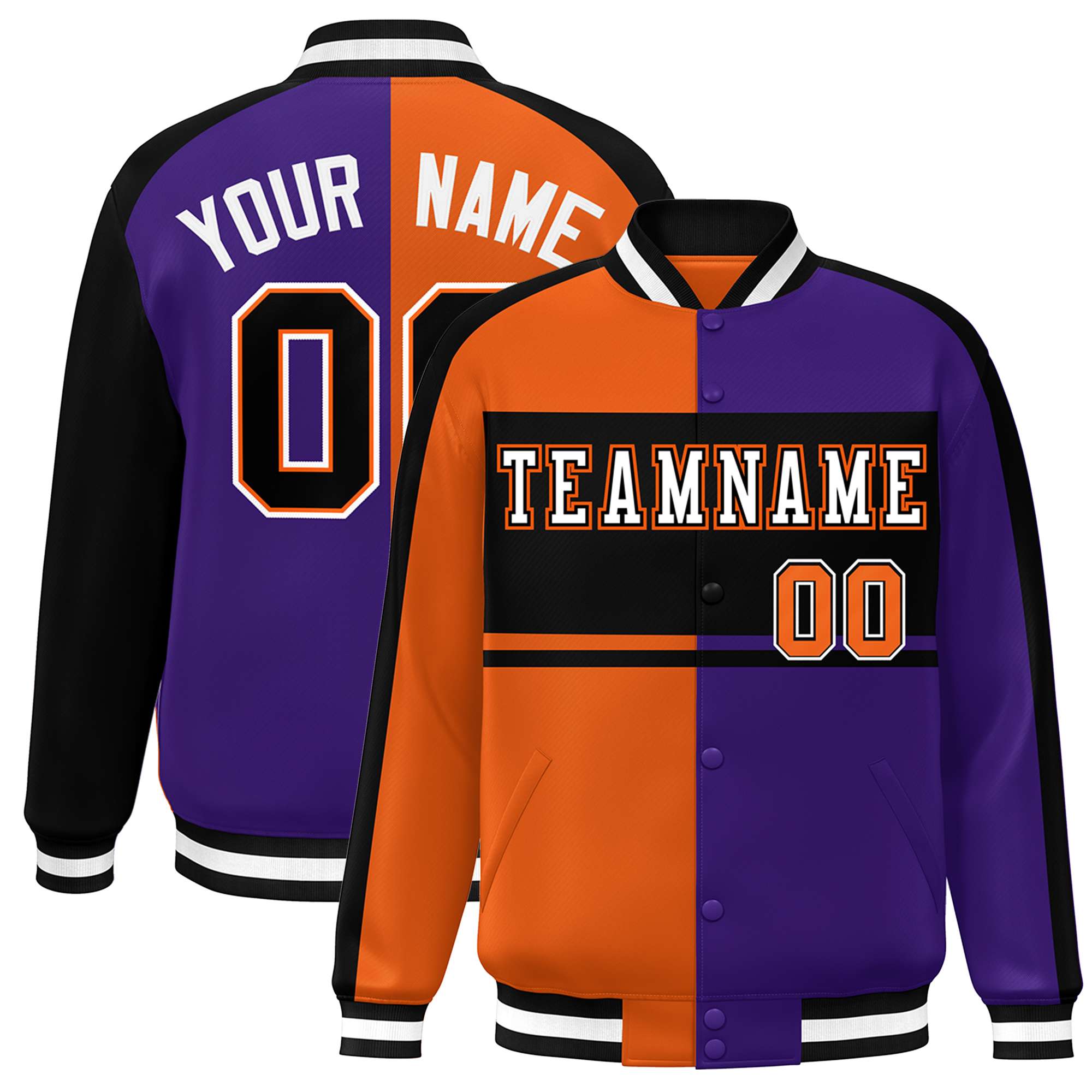 Custom Orange Purple Black-White Color Block Bomber Varsity Baseball Jacket