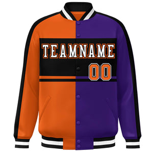 Custom Orange Purple Black-White Color Block Bomber Varsity Baseball Jacket