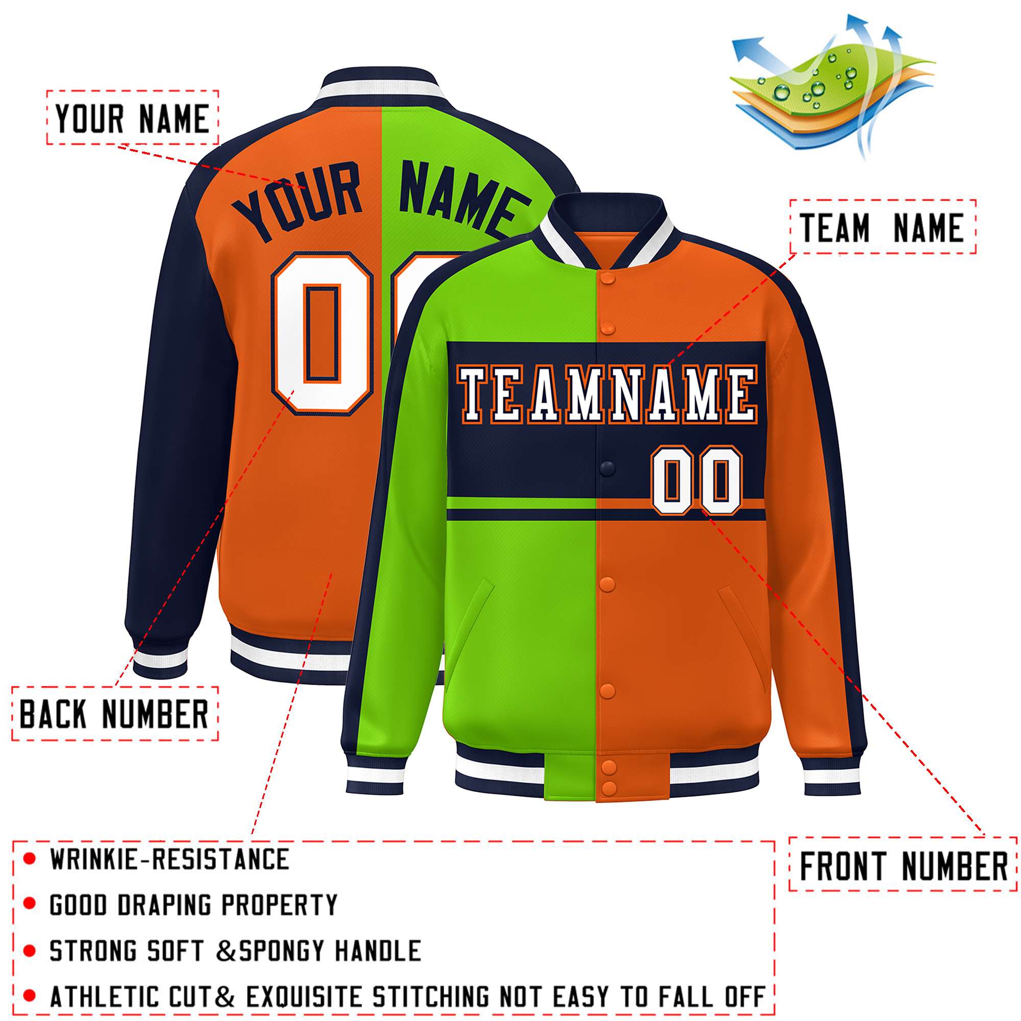 Custom Neon Green Orange Navy-White Color Block Bomber Varsity Baseball Jacket