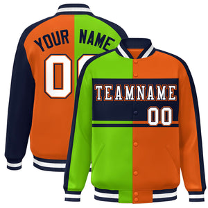 Custom Neon Green Orange Navy-White Color Block Bomber Varsity Baseball Jacket