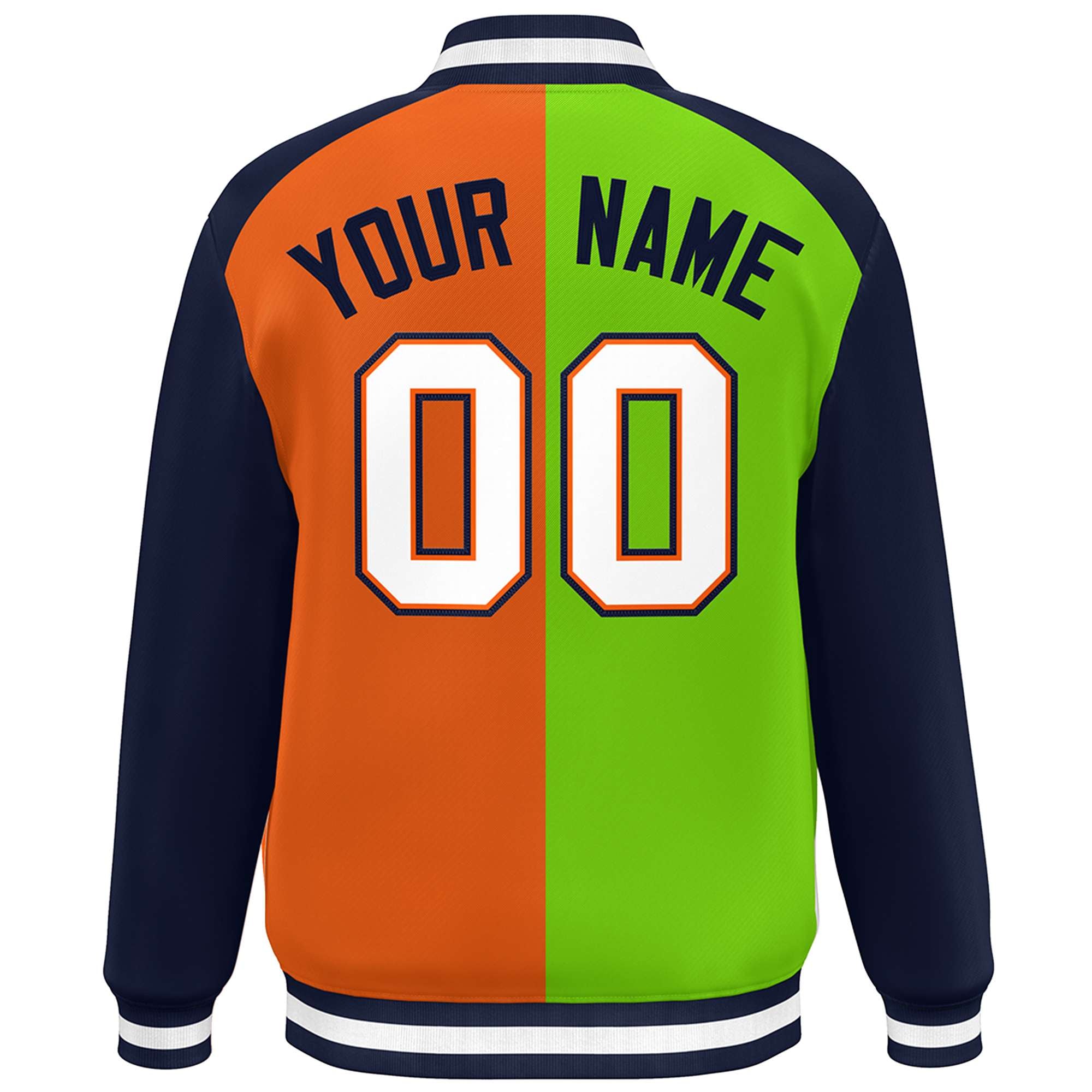 Custom Neon Green Orange Navy-White Color Block Bomber Varsity Baseball Jacket