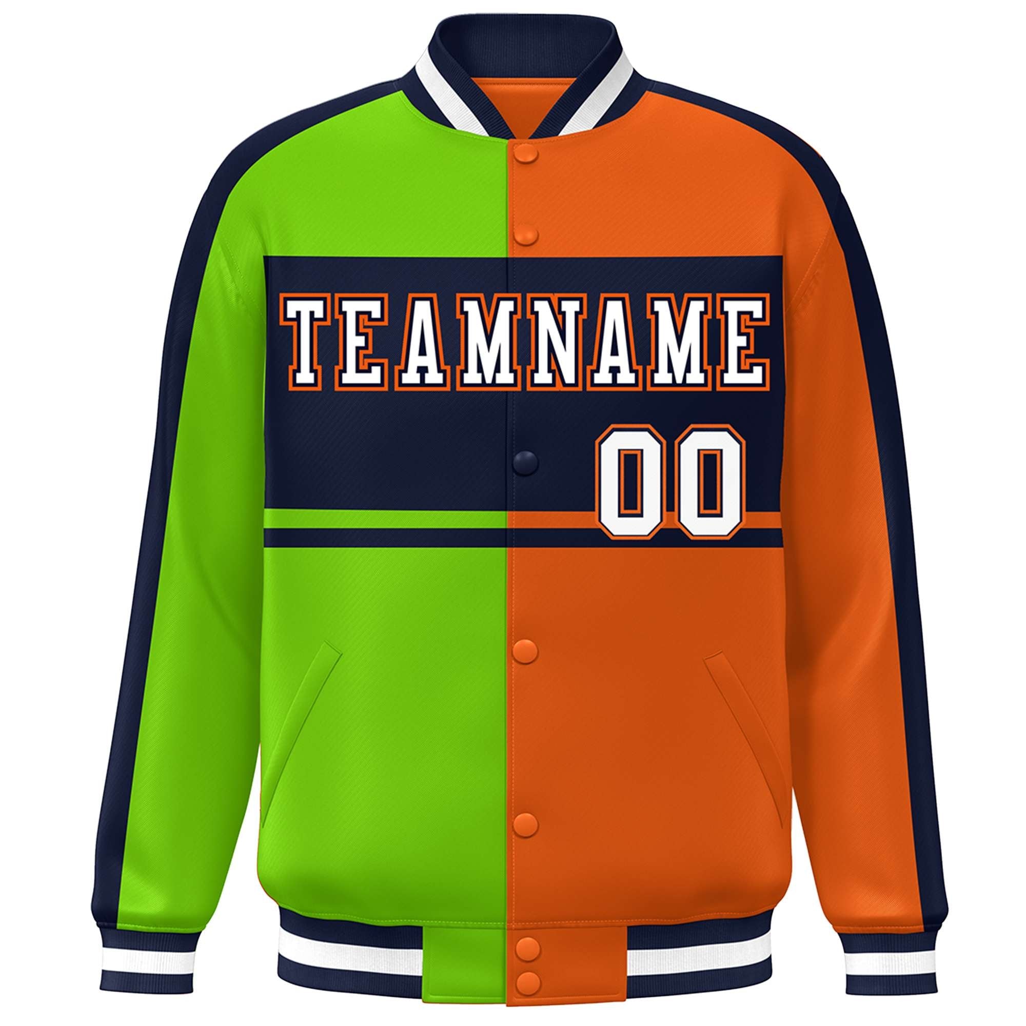 Custom Neon Green Orange Navy-White Color Block Bomber Varsity Baseball Jacket