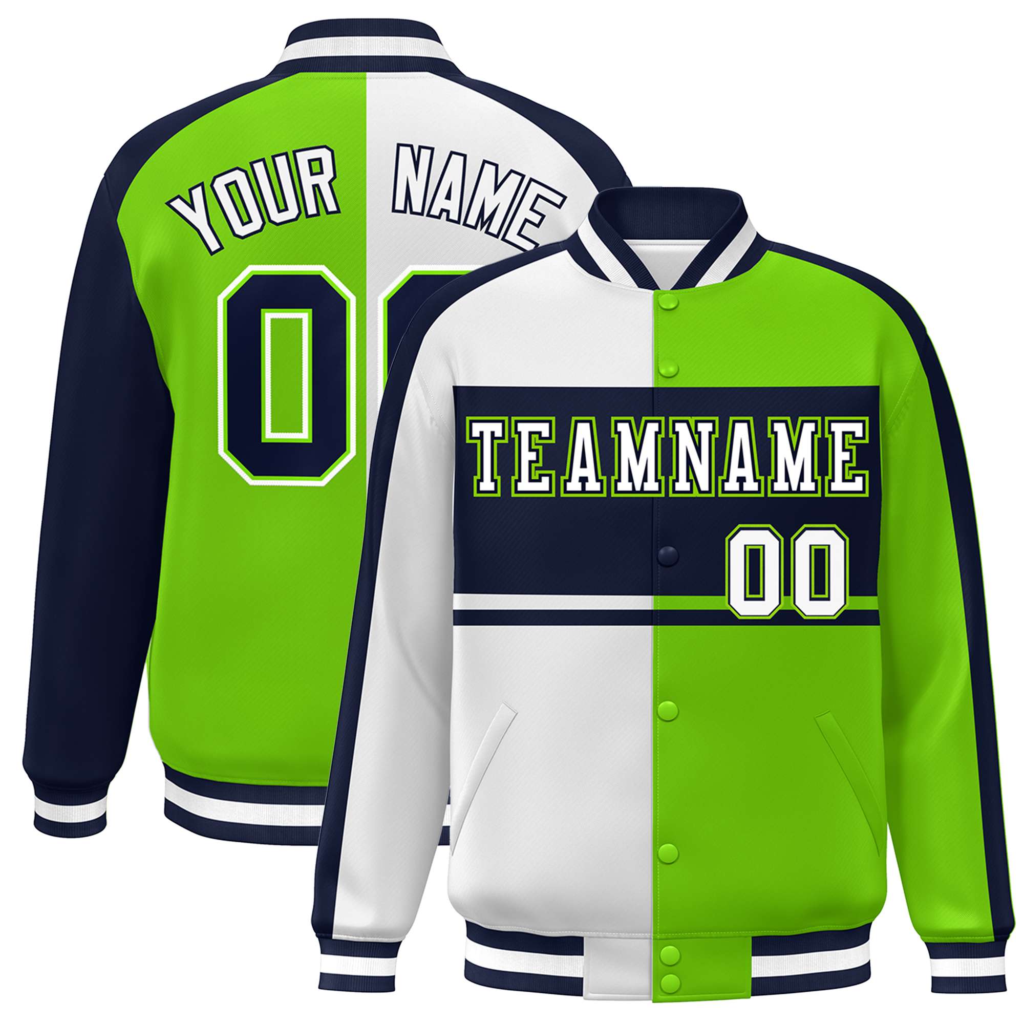 Custom White Neon Green-Navy Color Block Bomber Varsity Baseball Jacket